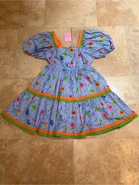 Entro women’s Blue Floral Puff Sleeve Dress with Green & Orange Trim